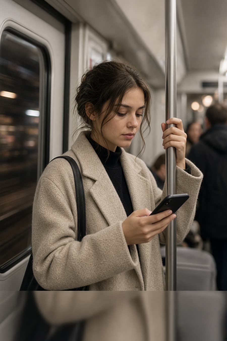 Una viajera de pie en un vagón de metro mirando su iPhone