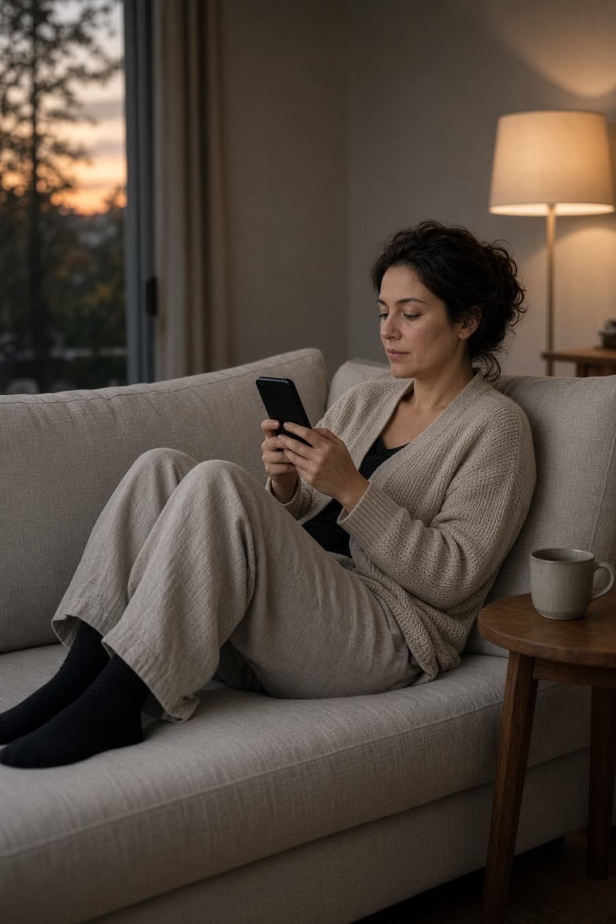 Una mujer acurrucada en un sofá gris al atardecer, mirando el móvil
