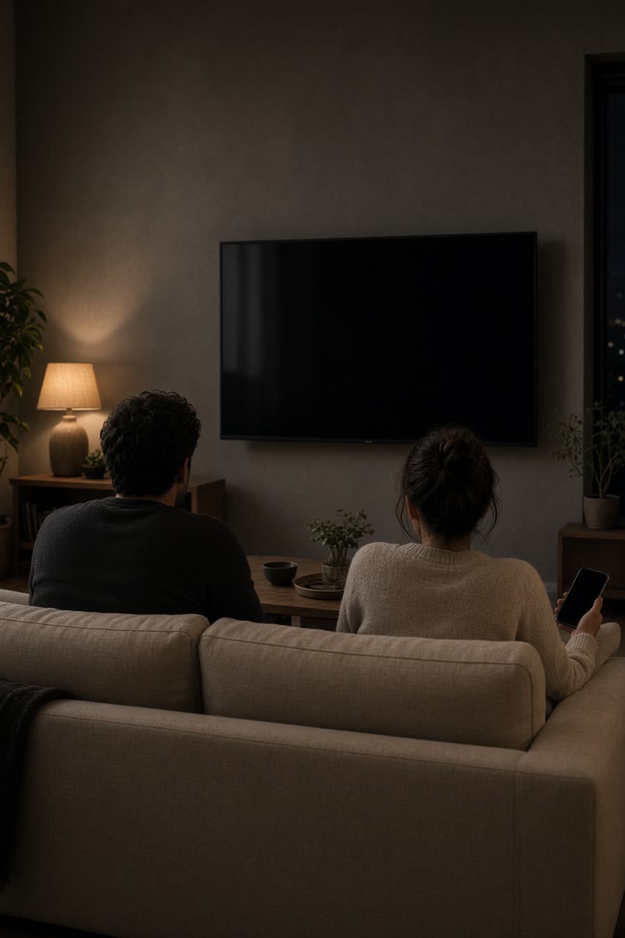Dos personas en un sofá viendo una tele de pared en un salón en penumbra